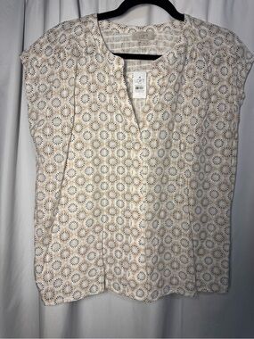 LOFT Cream Floral Eyelet Short-Sleeve V-Neck Blouse